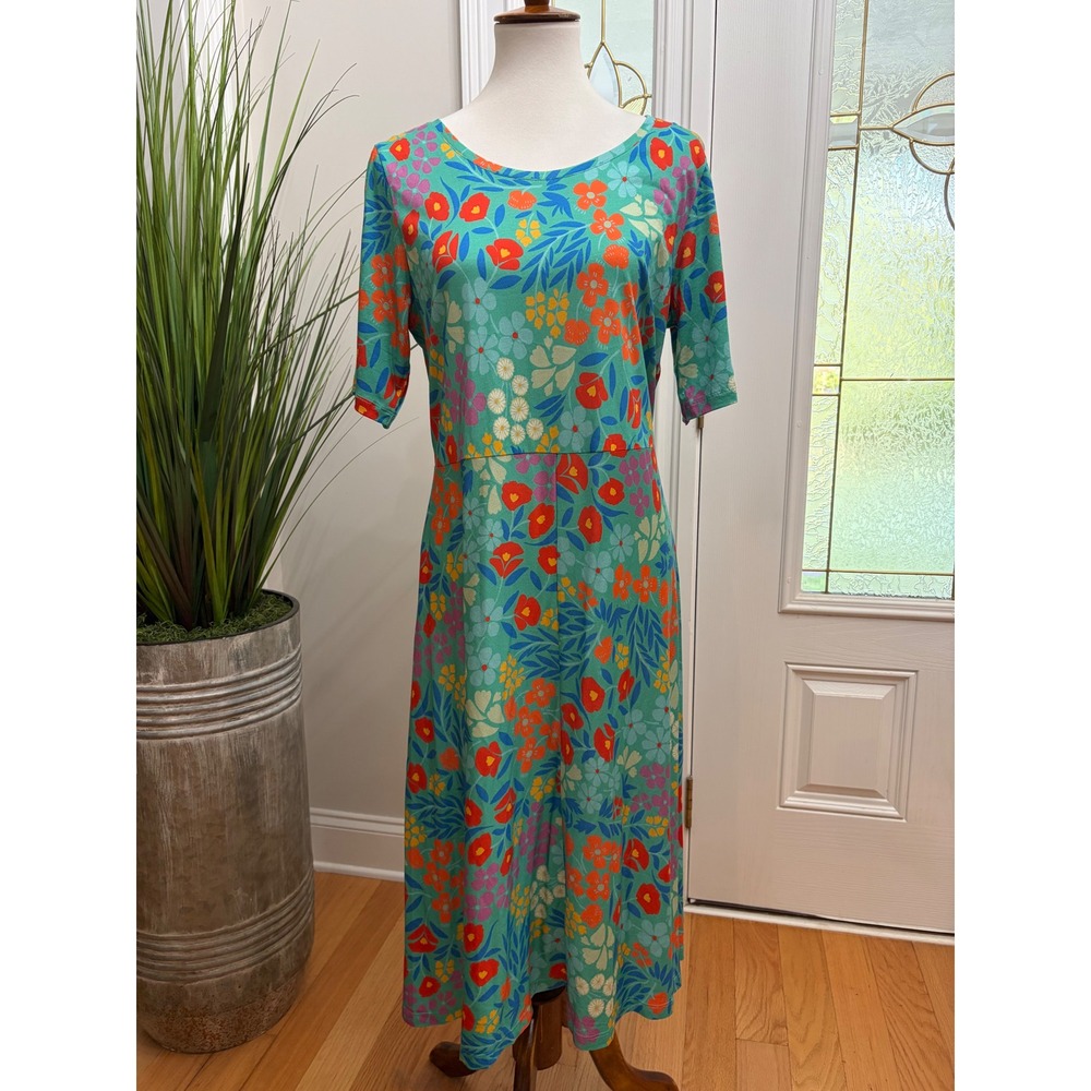 Gudrun Sjoden Teal Floral Organic Cotton Modal Midi Dress Medium Cottagecore